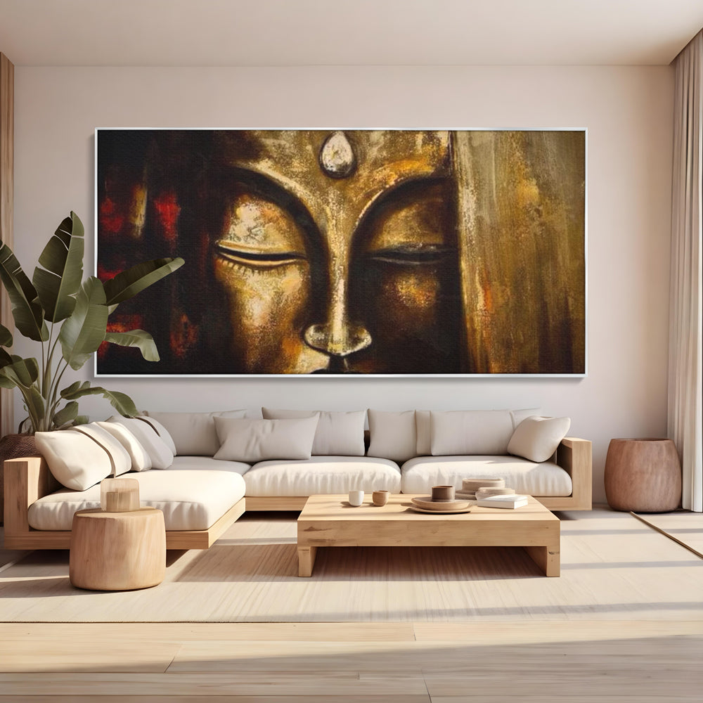 Tablou canvas cu pictura cu chipul lui buddha in nuante aurii, in rama de aluminiu argintiu, pe perete intr-un living